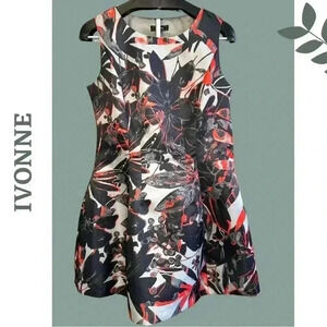 Ivonne Sleeveless Fit & Flare Print Dress Crinoline Side Zip Orange Grey Size 12